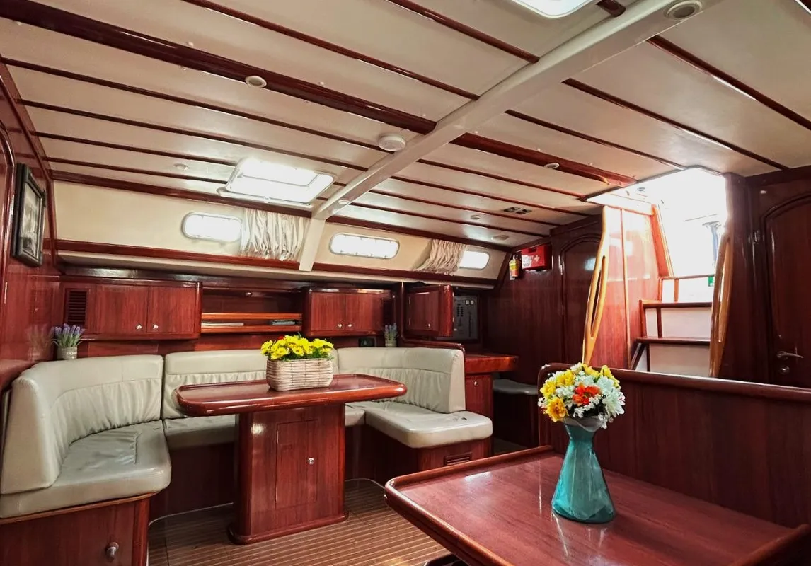Salon of OSY V, a Ocean Star 56.1 sailboat at Athens, Greece