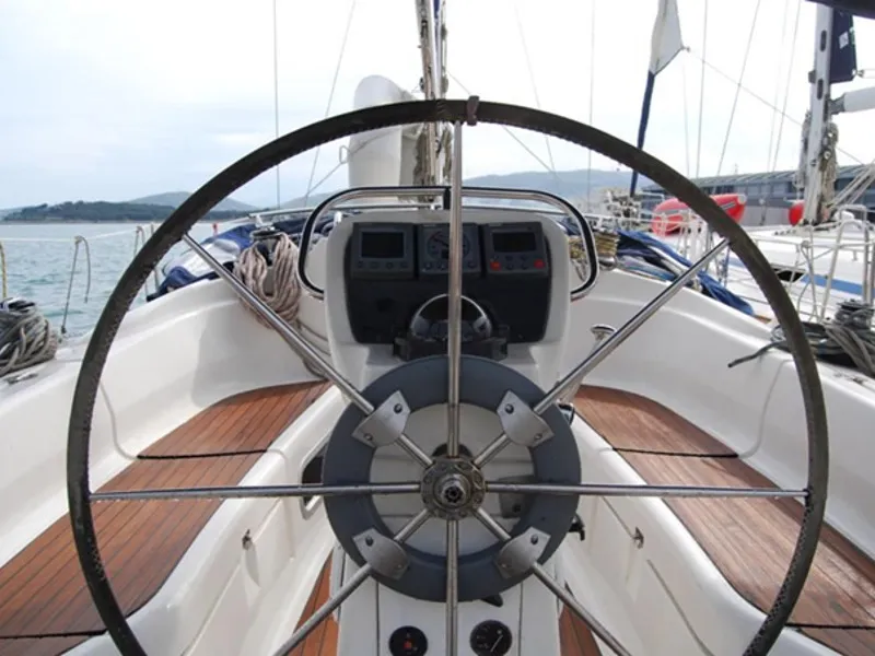 Cockpit of Ankereva, a Bavaria 36 sailboat at Volos, Greece