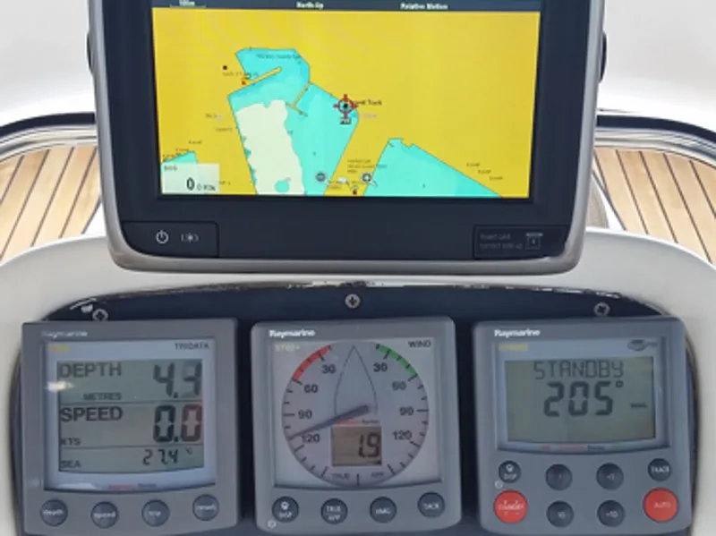 Cockpit of Ankereva, a Bavaria 36 sailboat at Volos, Greece