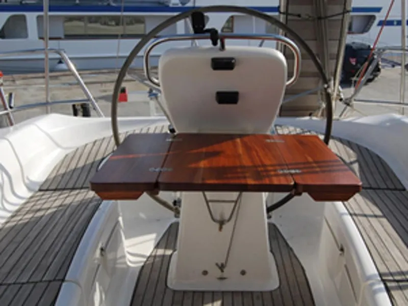 Cockpit of Ankereva, a Bavaria 36 sailboat at Volos, Greece