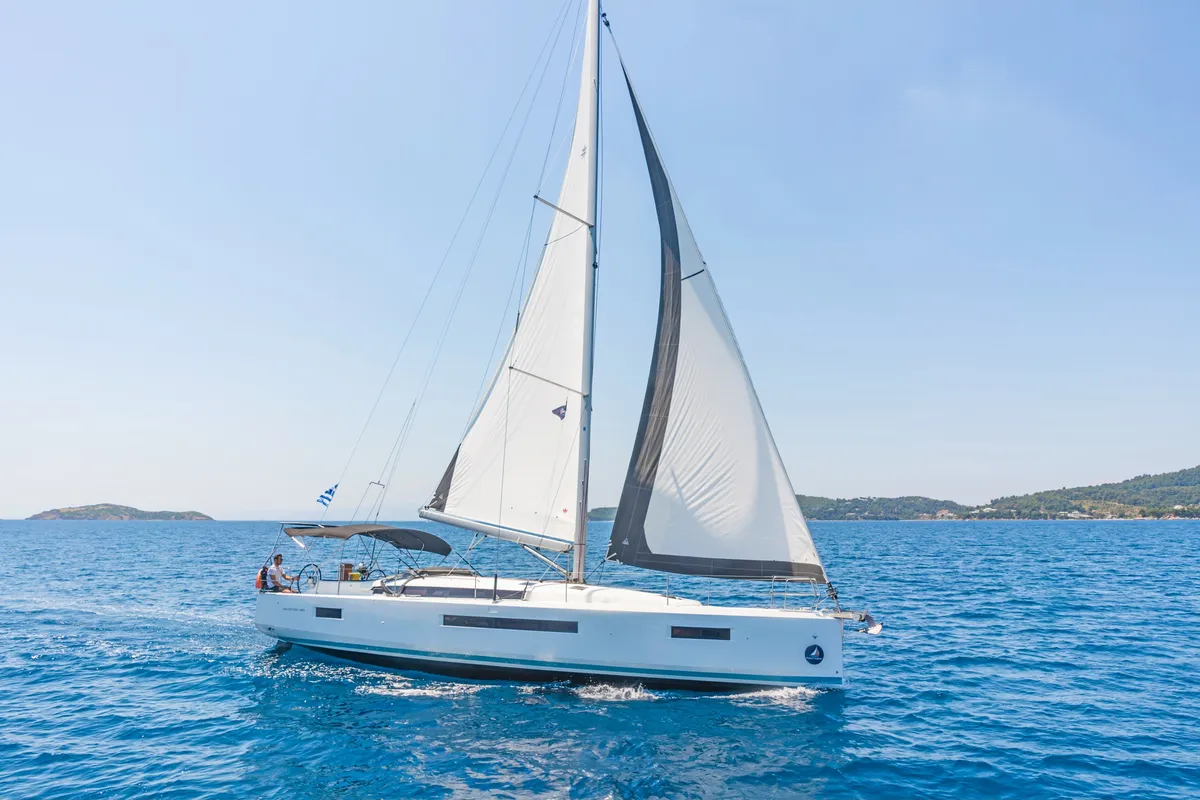 Exterior view of Calico Jack, a Jeanneau Sun Odyssey 490 sailboat at Athens, Greece