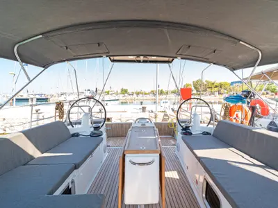 Cockpit of Calico Jack, a Jeanneau Sun Odyssey 490 sailboat at Athens, Greece