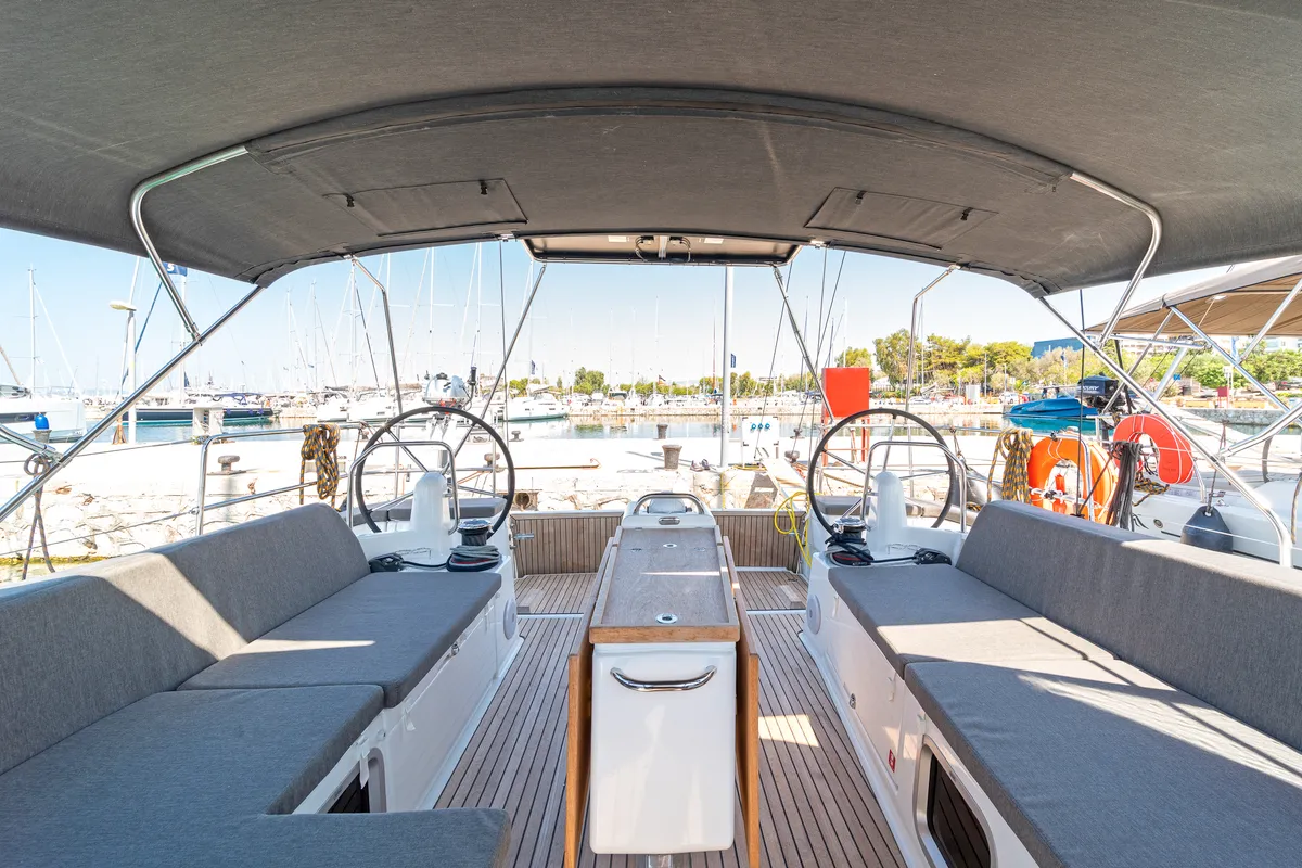 Cockpit of Calico Jack, a Jeanneau Sun Odyssey 490 sailboat at Athens, Greece