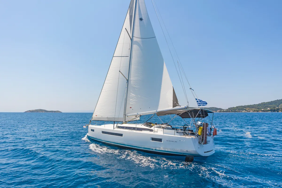 Exterior view of Calico Jack, a Jeanneau Sun Odyssey 490 sailboat at Athens, Greece