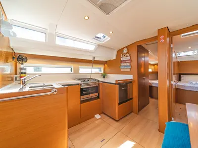 Galley of Calico Jack, a Jeanneau Sun Odyssey 490 sailboat at Athens, Greece
