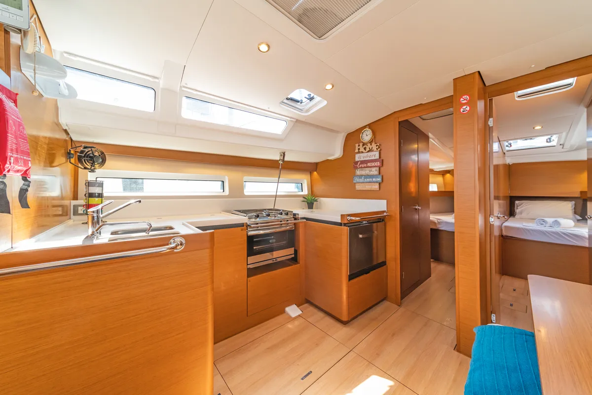 Galley of Calico Jack, a Jeanneau Sun Odyssey 490 sailboat at Athens, Greece