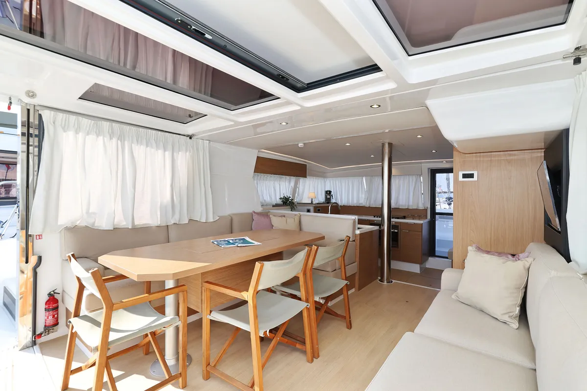 Salon of Charmant, a Bali 4.2 catamaran at Grad Biograd na Moru, Croatia