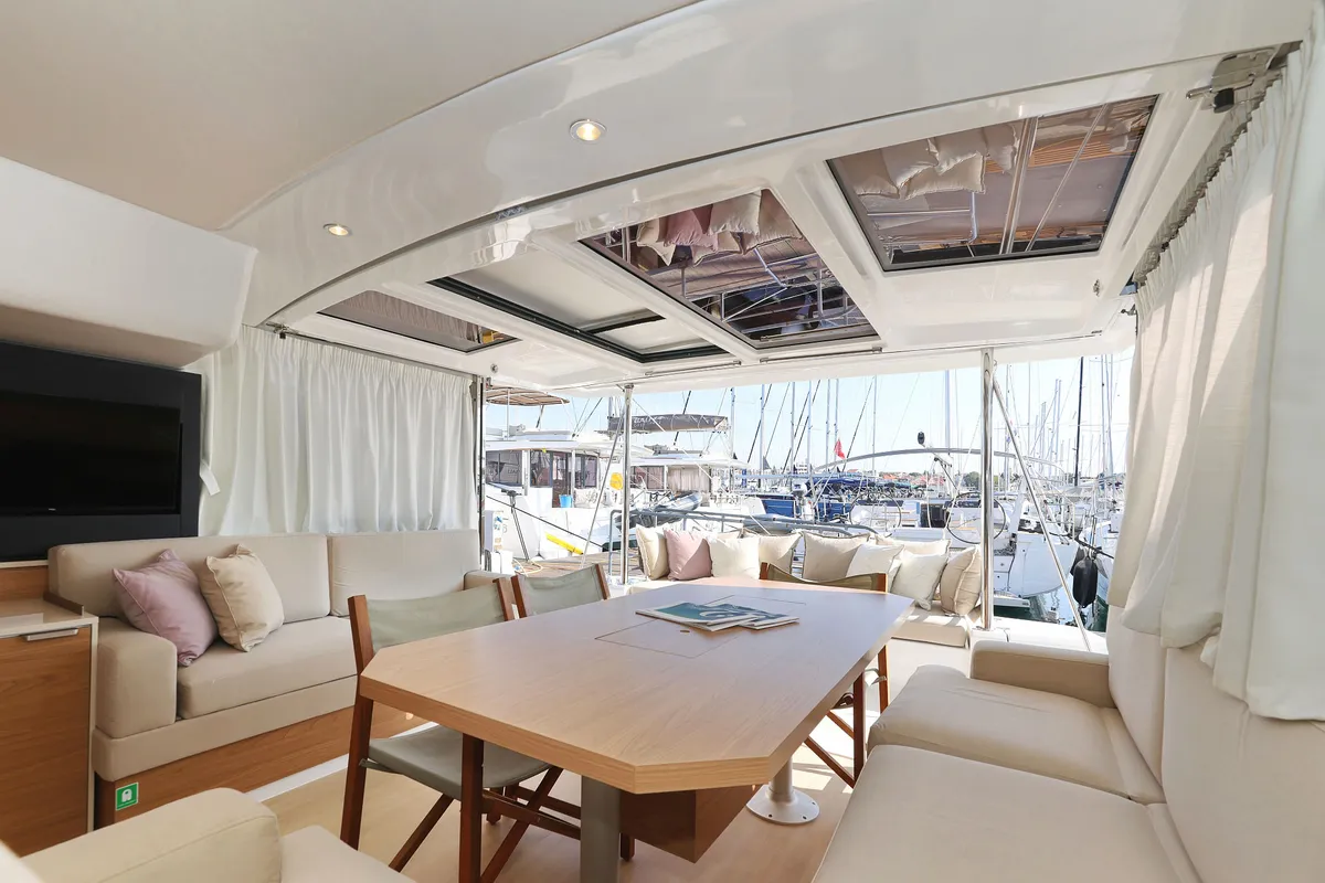 Salon of Charmant, a Bali 4.2 catamaran at Grad Biograd na Moru, Croatia