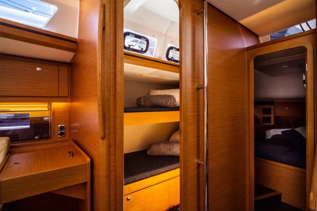 Cabin on Caterina, a Dufour 56 Exclusive sailboat at Olbia, Italy