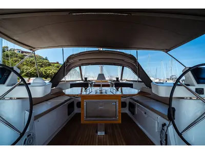 Cockpit of Caterina, a Dufour 56 Exclusive sailboat at Olbia, Italy