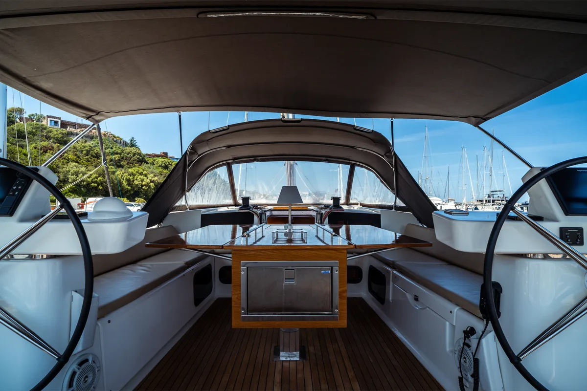 Cockpit of Caterina, a Dufour 56 Exclusive sailboat at Olbia, Italy