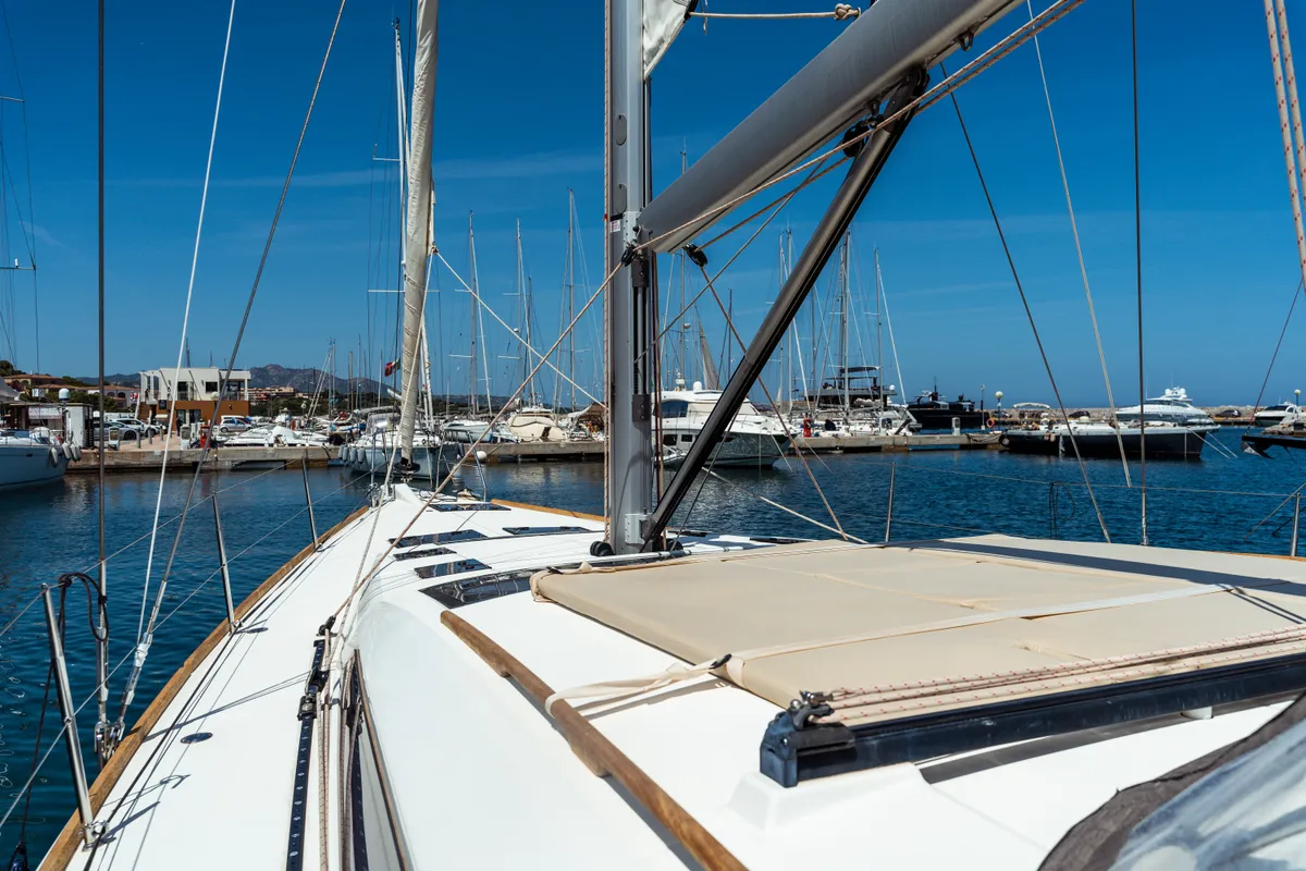 Exterior view of Caterina, a Dufour 56 Exclusive sailboat at Olbia, Italy