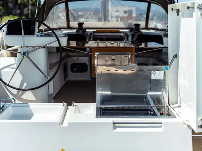 Deck of Caterina, a Dufour 56 Exclusive sailboat at Olbia, Italy