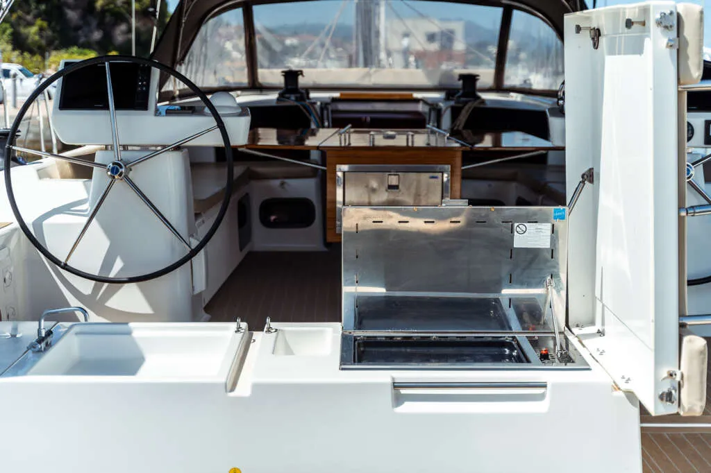 Deck of Caterina, a Dufour 56 Exclusive sailboat at Olbia, Italy