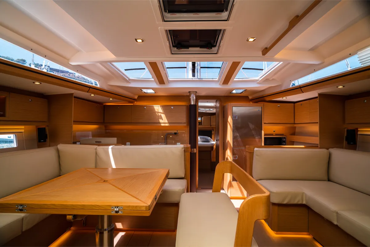 Salon of Caterina, a Dufour 56 Exclusive sailboat at Olbia, Italy