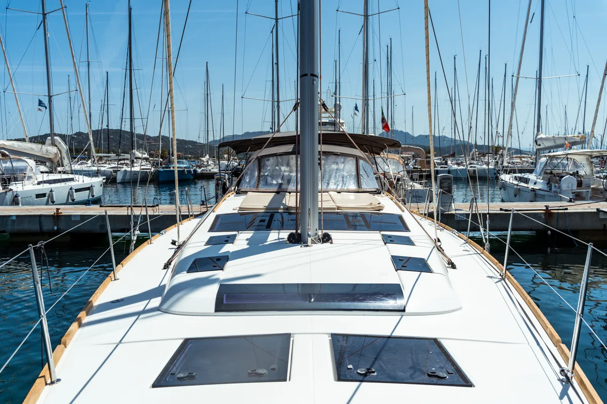 Exterior view of Caterina, a Dufour 56 Exclusive sailboat at Olbia, Italy
