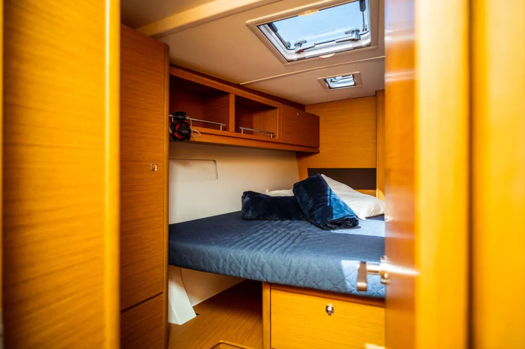Cabin on Caterina, a Dufour 56 Exclusive sailboat at Olbia, Italy