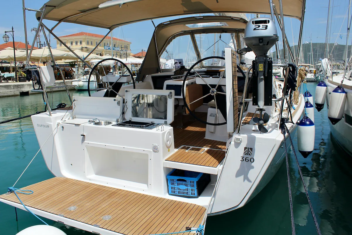 Exterior view of Zion, a Dufour 360 Grand Large sailboat at Municipal Unit of Lefkada, Greece