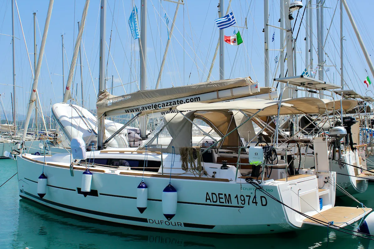 Exterior view of Zion, a Dufour 360 Grand Large sailboat at Municipal Unit of Lefkada, Greece