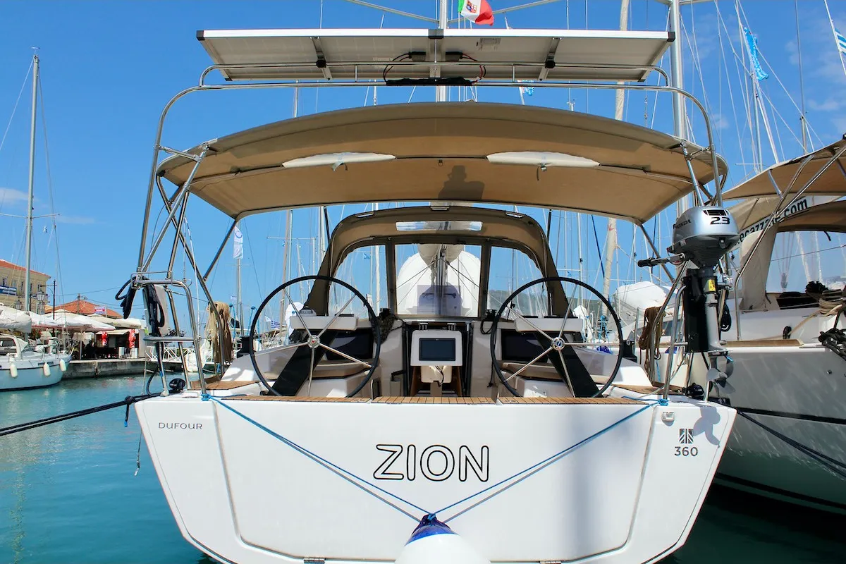 Exterior view of Zion, a Dufour 360 Grand Large sailboat at Municipal Unit of Lefkada, Greece
