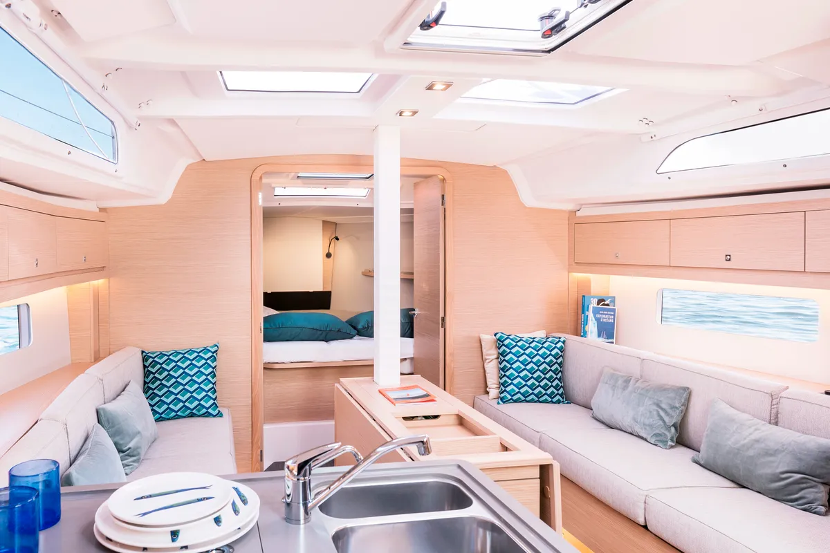 Salon of Sunsail 37.3 Premium Plus, a Dufour 37 sailboat at Municipal Unit of Lefkada, Greece