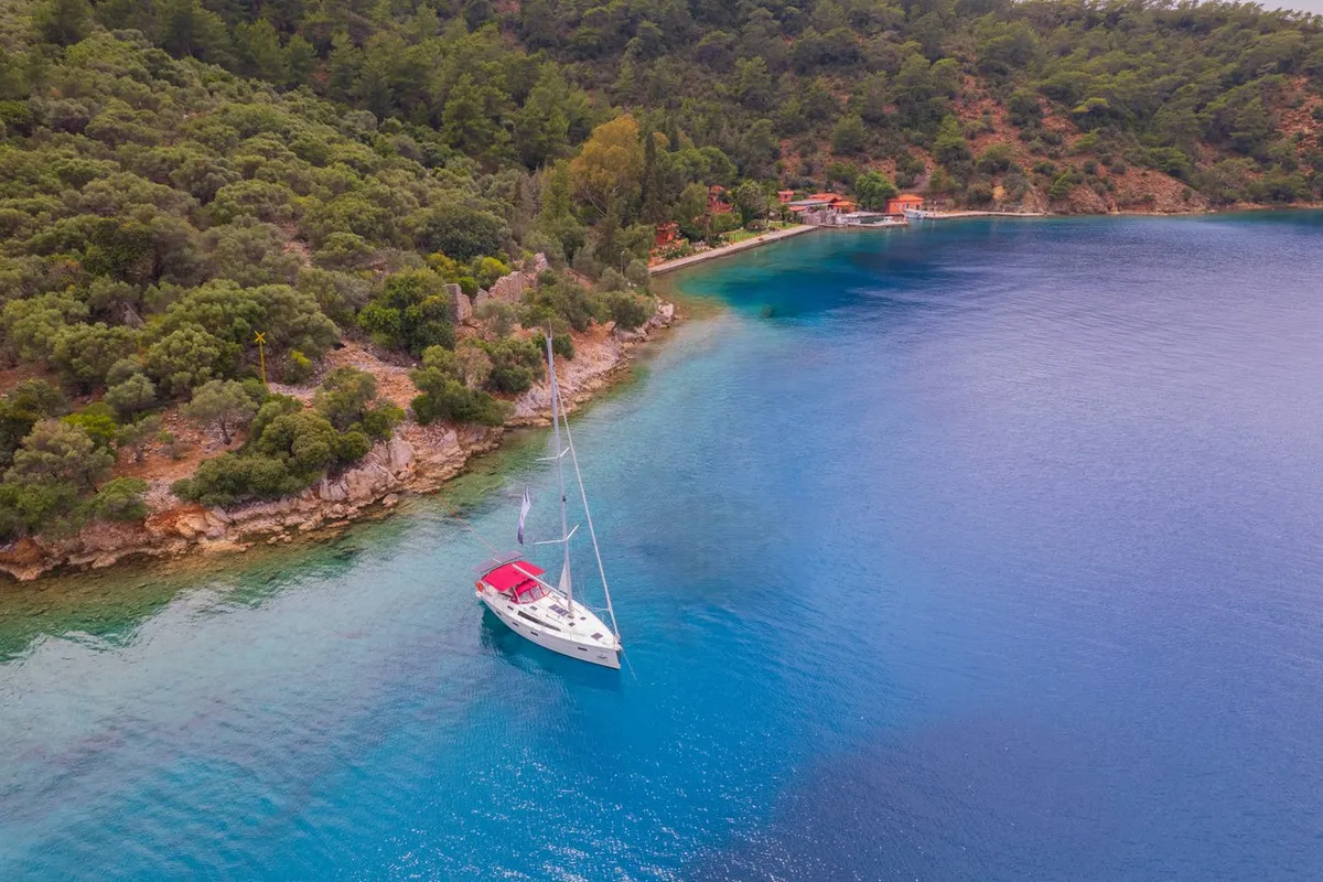 Exterior view of Tangram, a Bavaria Cruiser 41 sailboat at Fethiye, Turkey