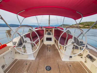 Cockpit of Tangram, a Bavaria Cruiser 41 sailboat at Fethiye, Turkey