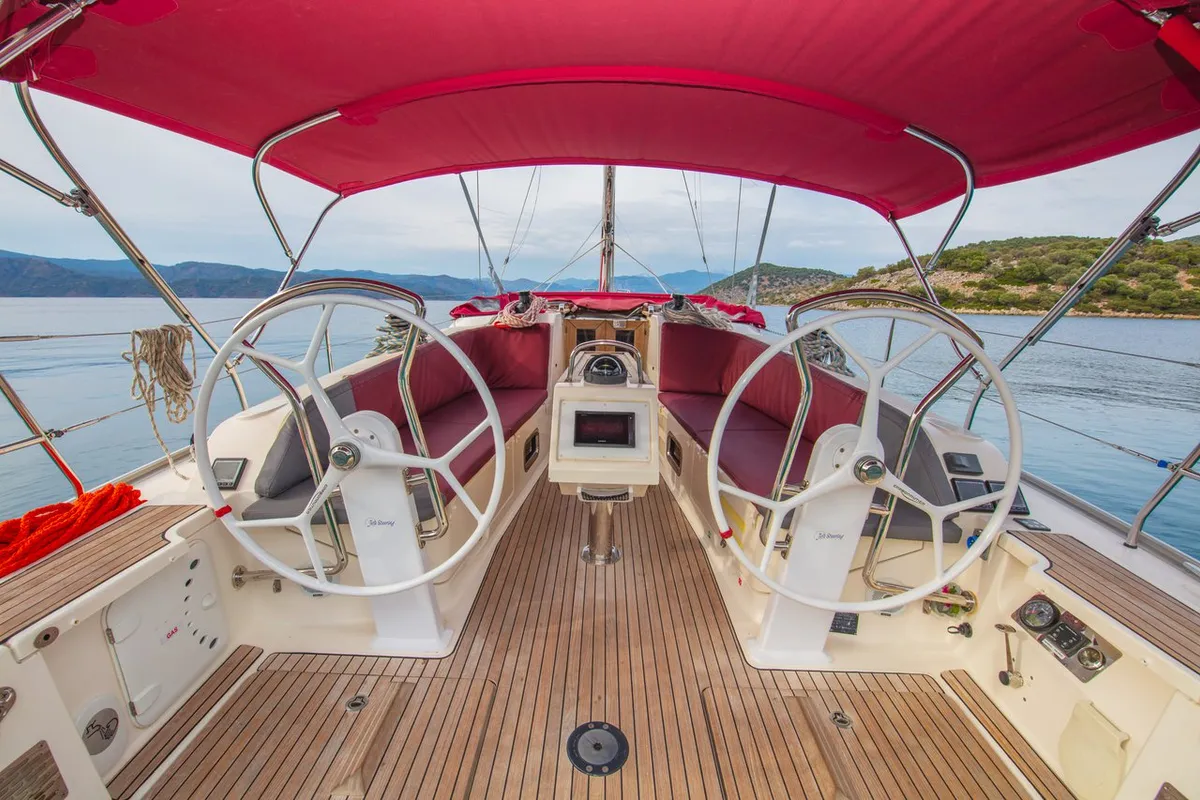 Cockpit of Tangram, a Bavaria Cruiser 41 sailboat at Fethiye, Turkey