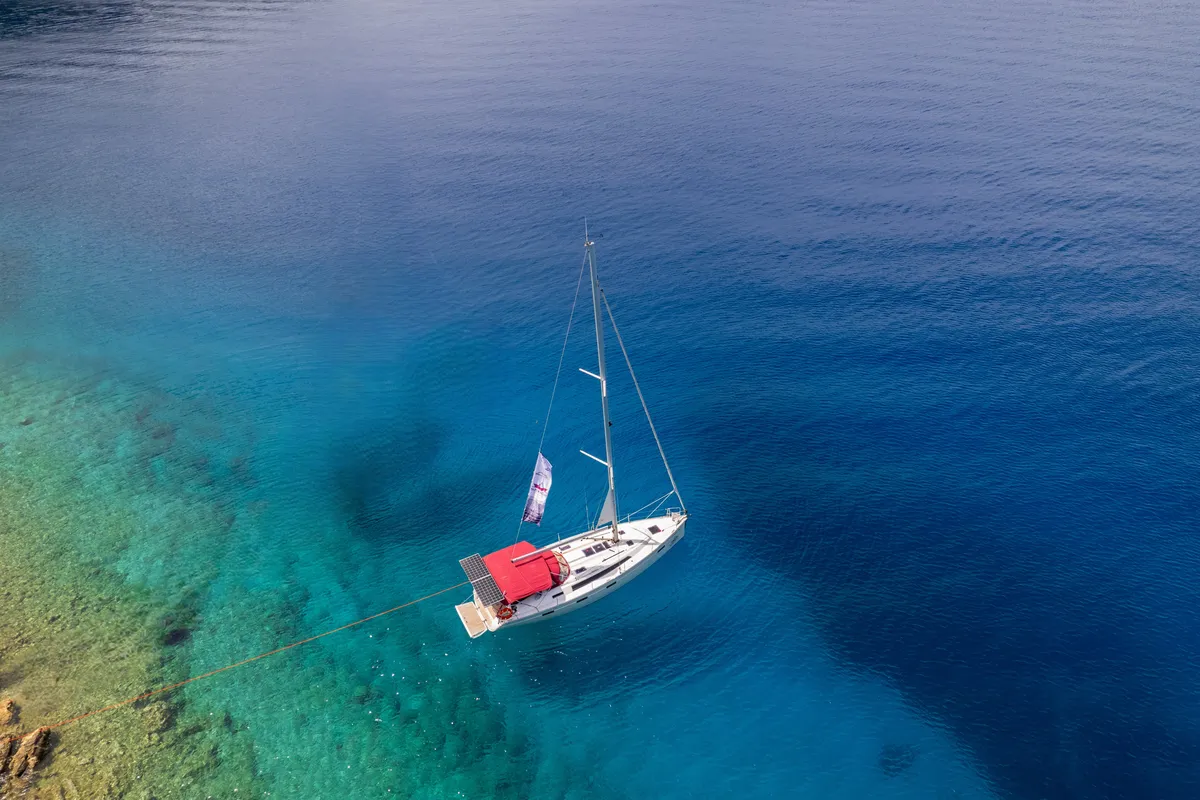 Exterior view of Tangram, a Bavaria Cruiser 41 sailboat at Fethiye, Turkey
