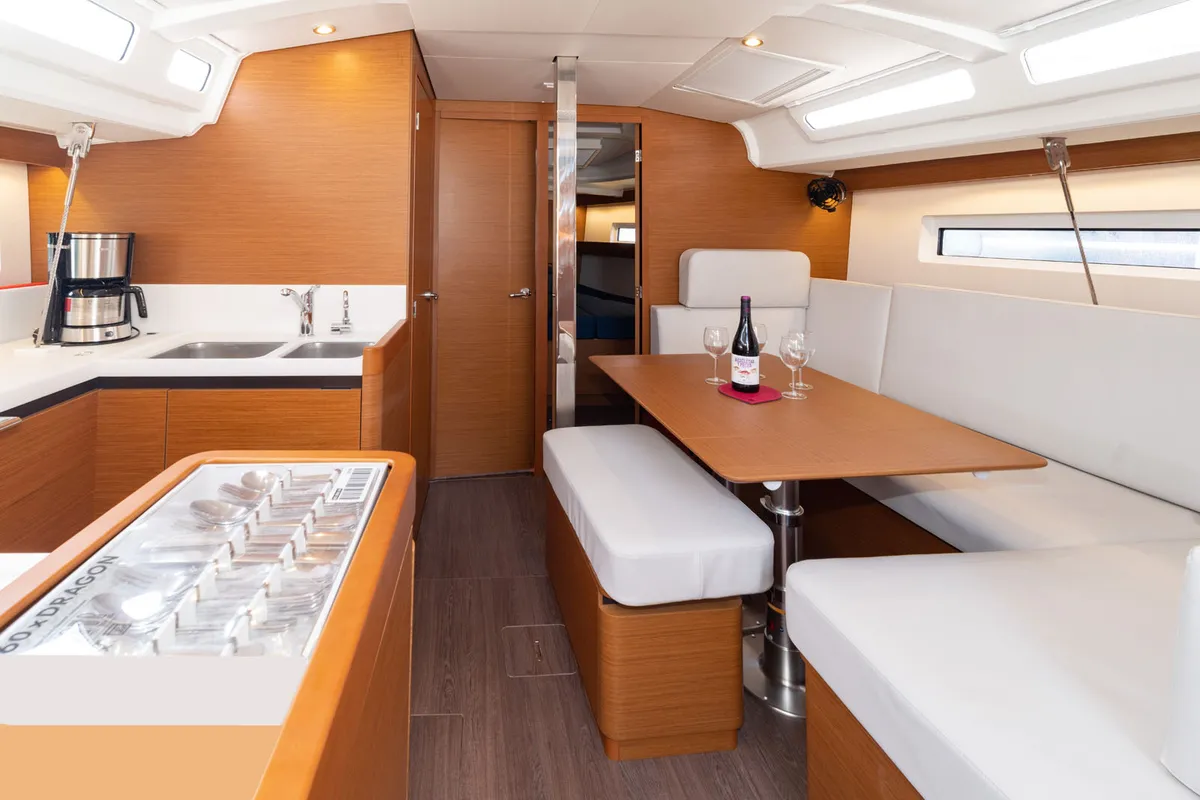 Salon of JoElli, a Jeanneau Sun Odyssey 440 sailboat at Palma de Mallorca, Spain