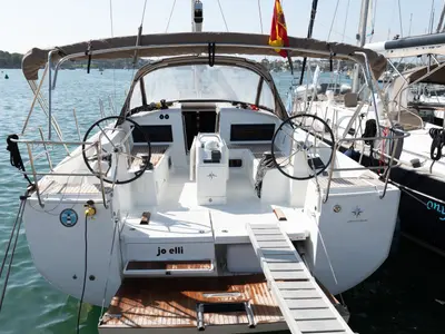 Cockpit of JoElli, a Jeanneau Sun Odyssey 440 sailboat at Palma de Mallorca, Spain