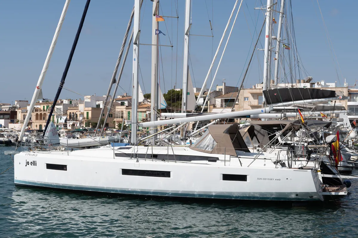 Exterior view of JoElli, a Jeanneau Sun Odyssey 440 sailboat at Palma de Mallorca, Spain