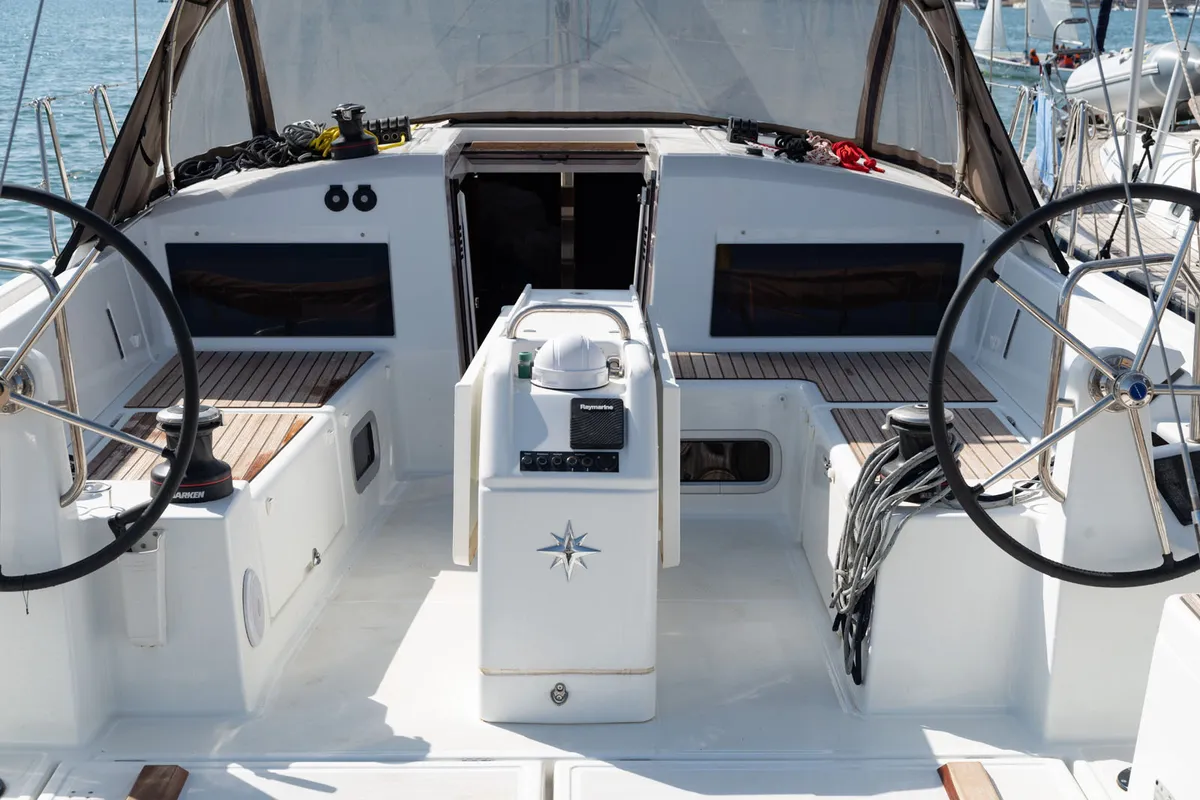 Cockpit of JoElli, a Jeanneau Sun Odyssey 440 sailboat at Palma de Mallorca, Spain