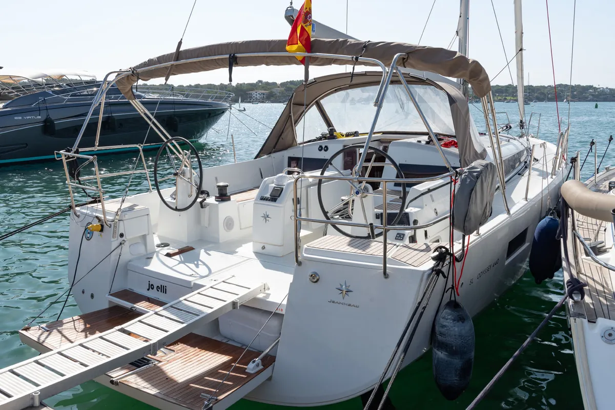 Deck of JoElli, a Jeanneau Sun Odyssey 440 sailboat at Palma de Mallorca, Spain