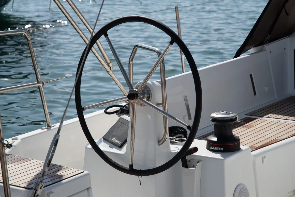 Cockpit of JoElli, a Jeanneau Sun Odyssey 440 sailboat at Palma de Mallorca, Spain