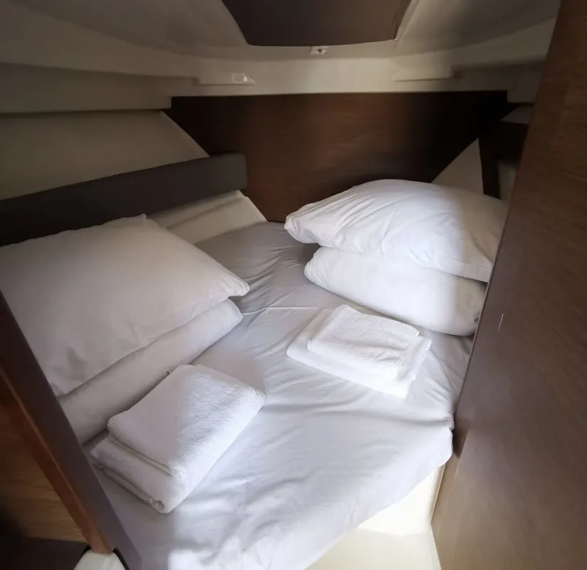 Cabin on Malizia, a Jeanneau Merry Fisher 795 motorboat at Zadar, Croatia