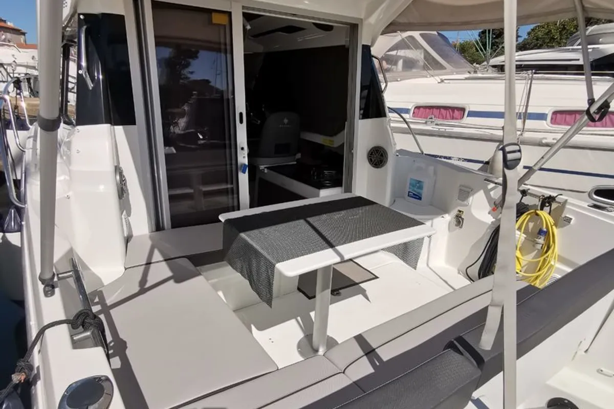 Deck of Malizia, a Jeanneau Merry Fisher 795 motorboat at Zadar, Croatia