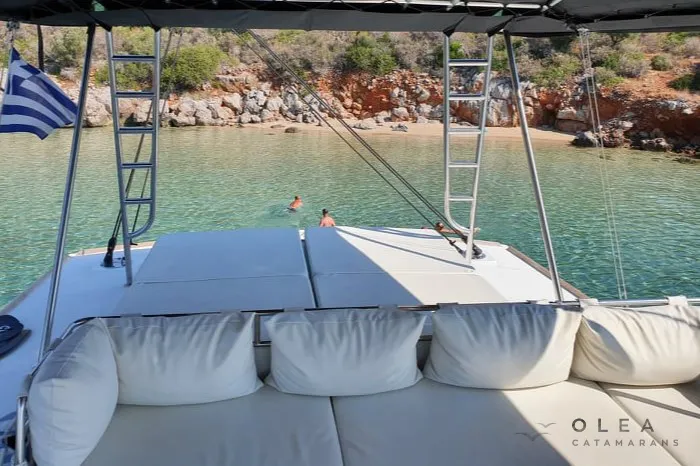 Deck of Olea II, a Bali 4.8 catamaran at Lefkada, Greece