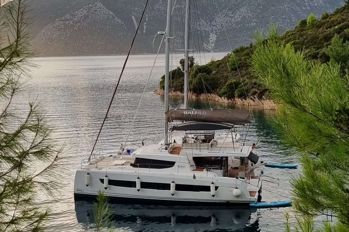 Exterior view of Olea II, a Bali 4.8 catamaran at Lefkada, Greece