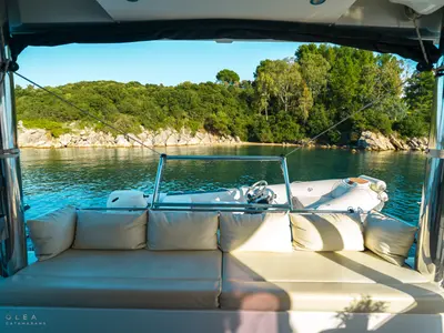 Deck of Olea II, a Bali 4.8 catamaran at Lefkada, Greece