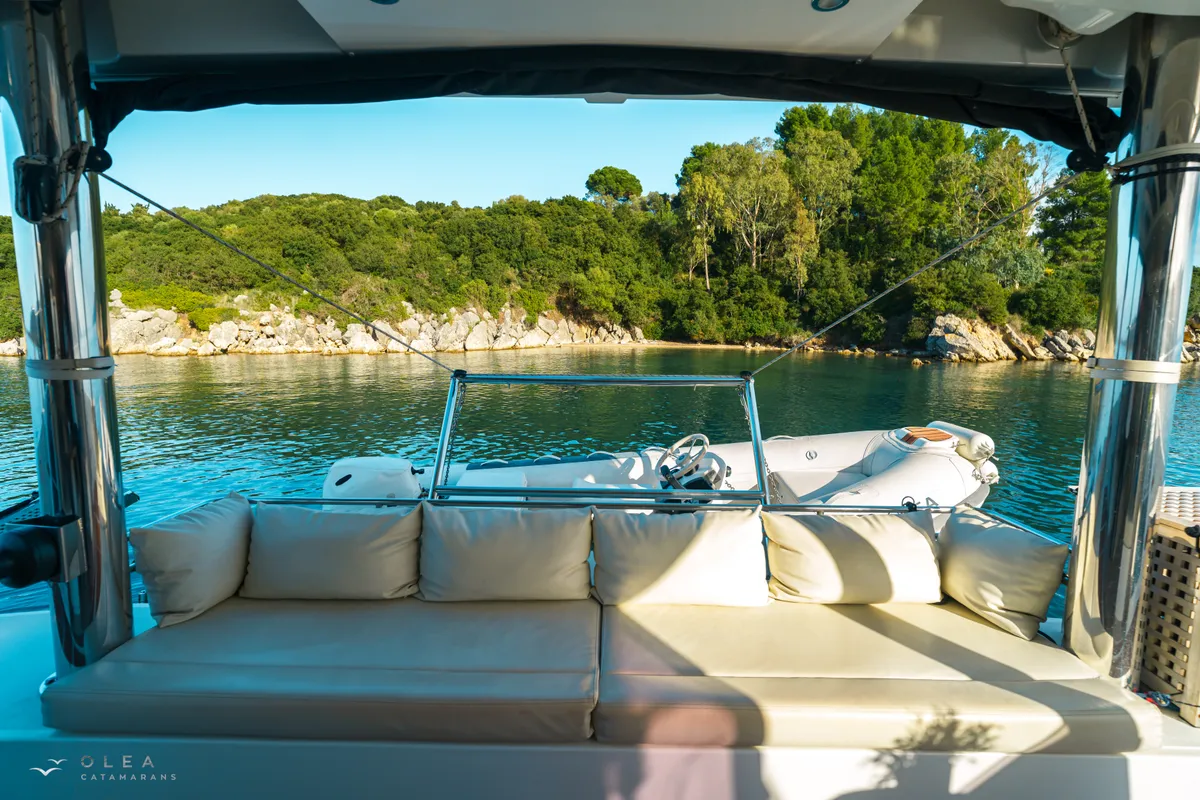 Deck of Olea II, a Bali 4.8 catamaran at Lefkada, Greece