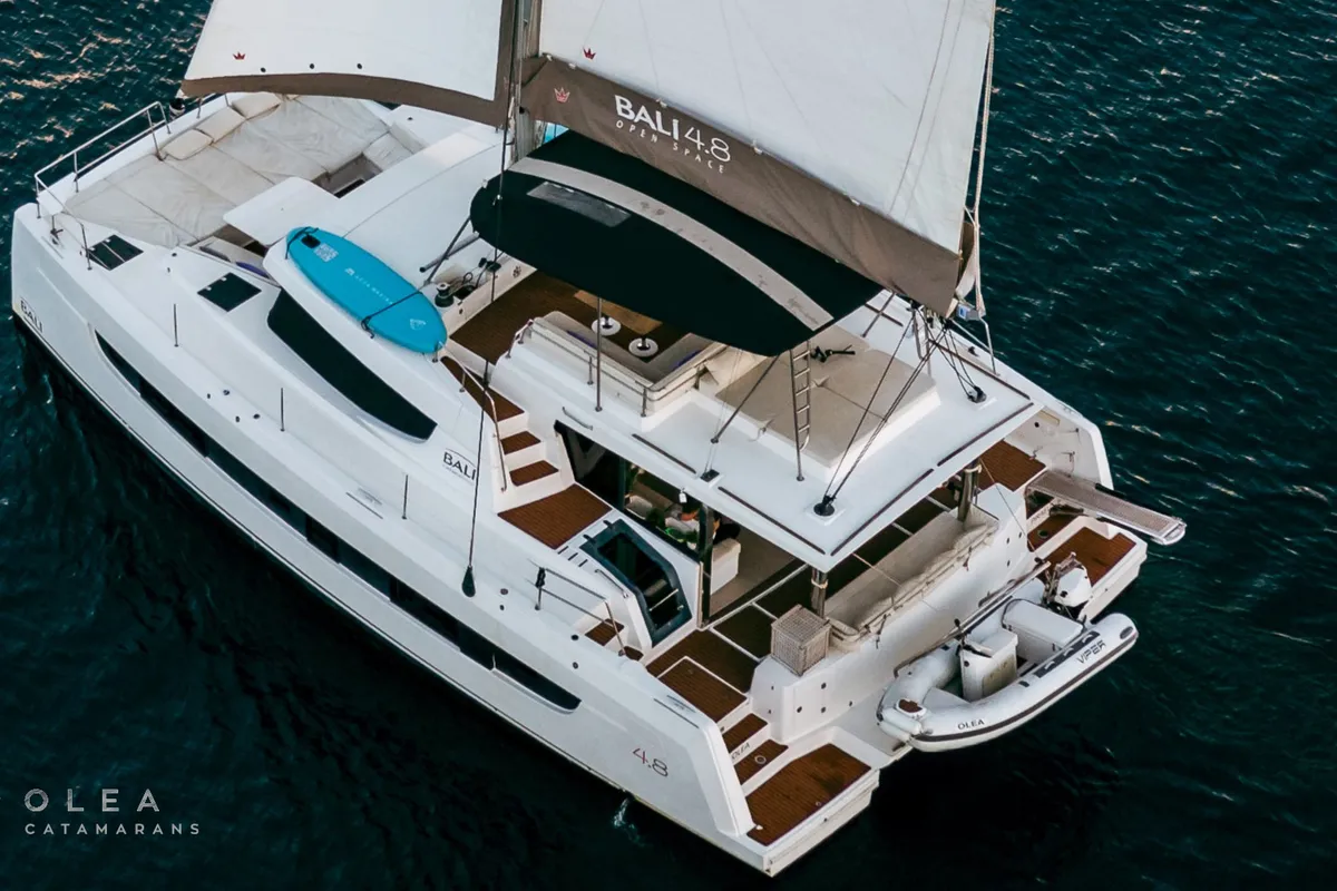 Exterior view of Olea II, a Bali 4.8 catamaran at Lefkada, Greece