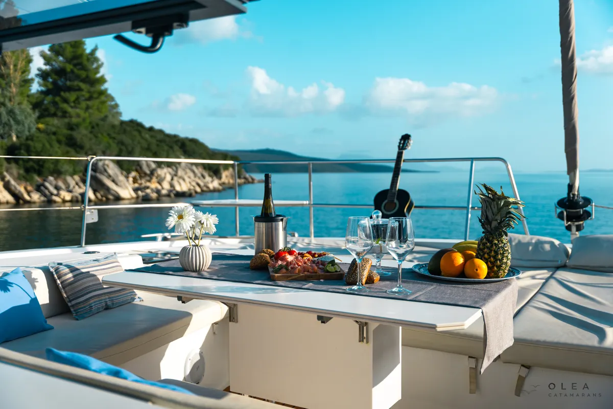 Deck of Olea II, a Bali 4.8 catamaran at Lefkada, Greece