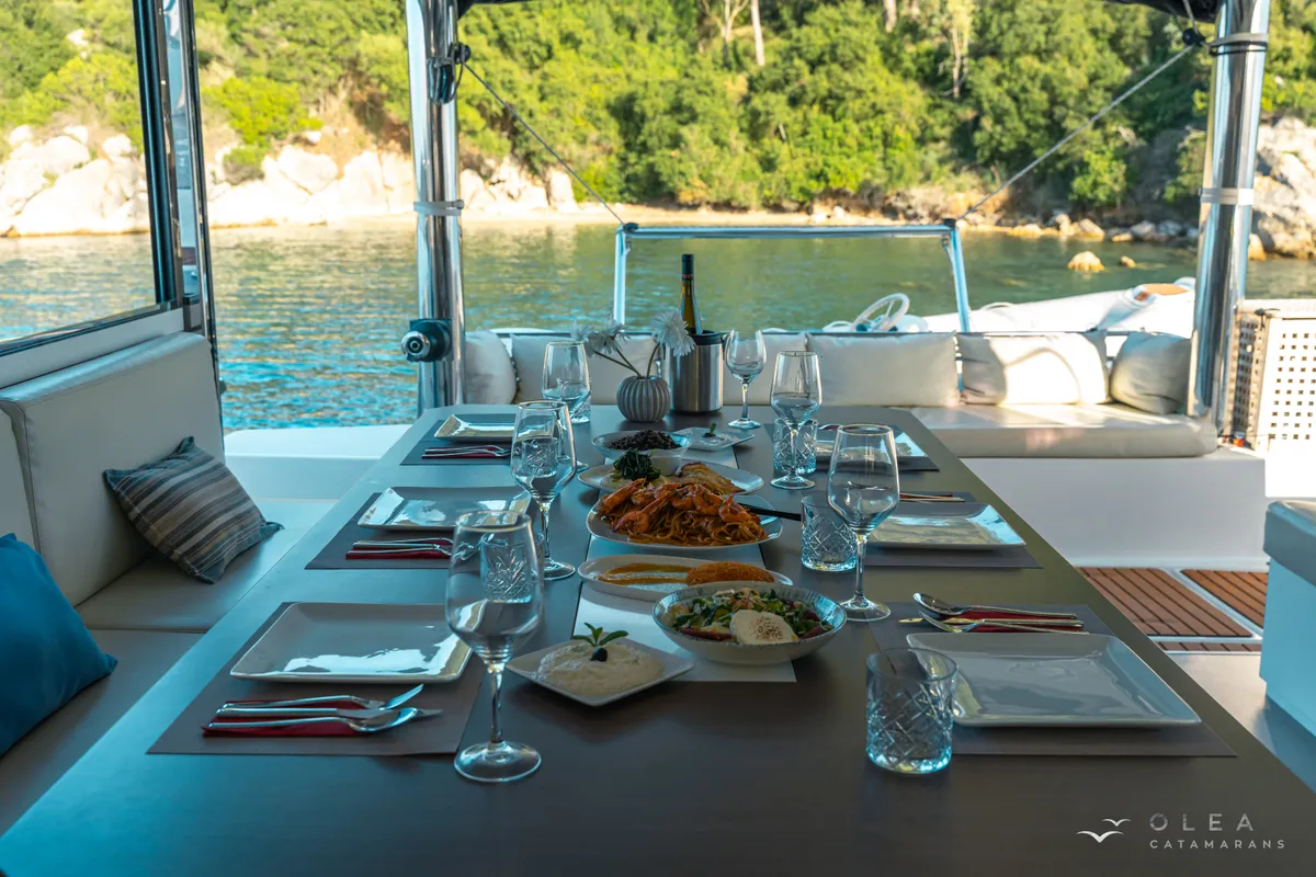 Deck of Olea II, a Bali 4.8 catamaran at Lefkada, Greece