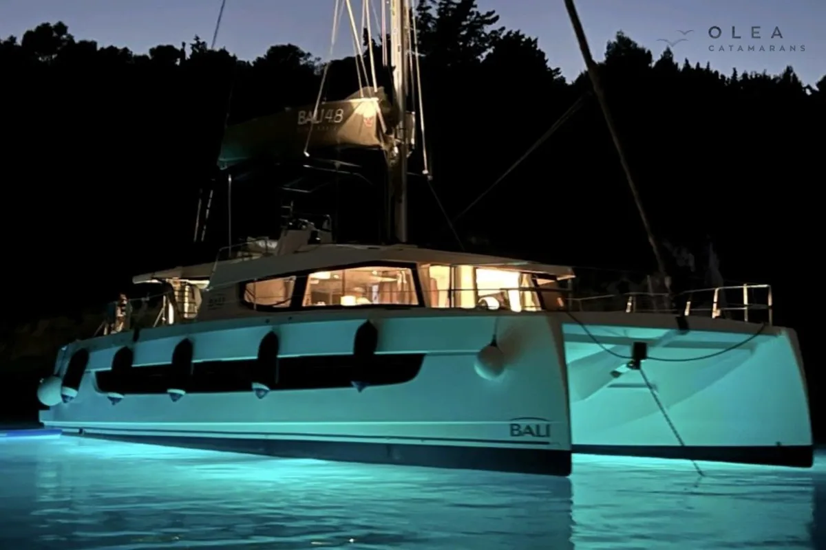Exterior view of Olea II, a Bali 4.8 catamaran at Lefkada, Greece