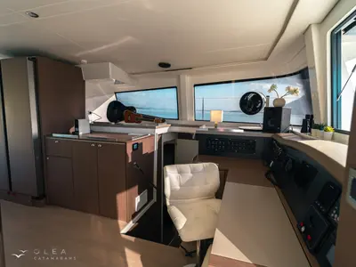 Cockpit of Olea II, a Bali 4.8 catamaran at Lefkada, Greece
