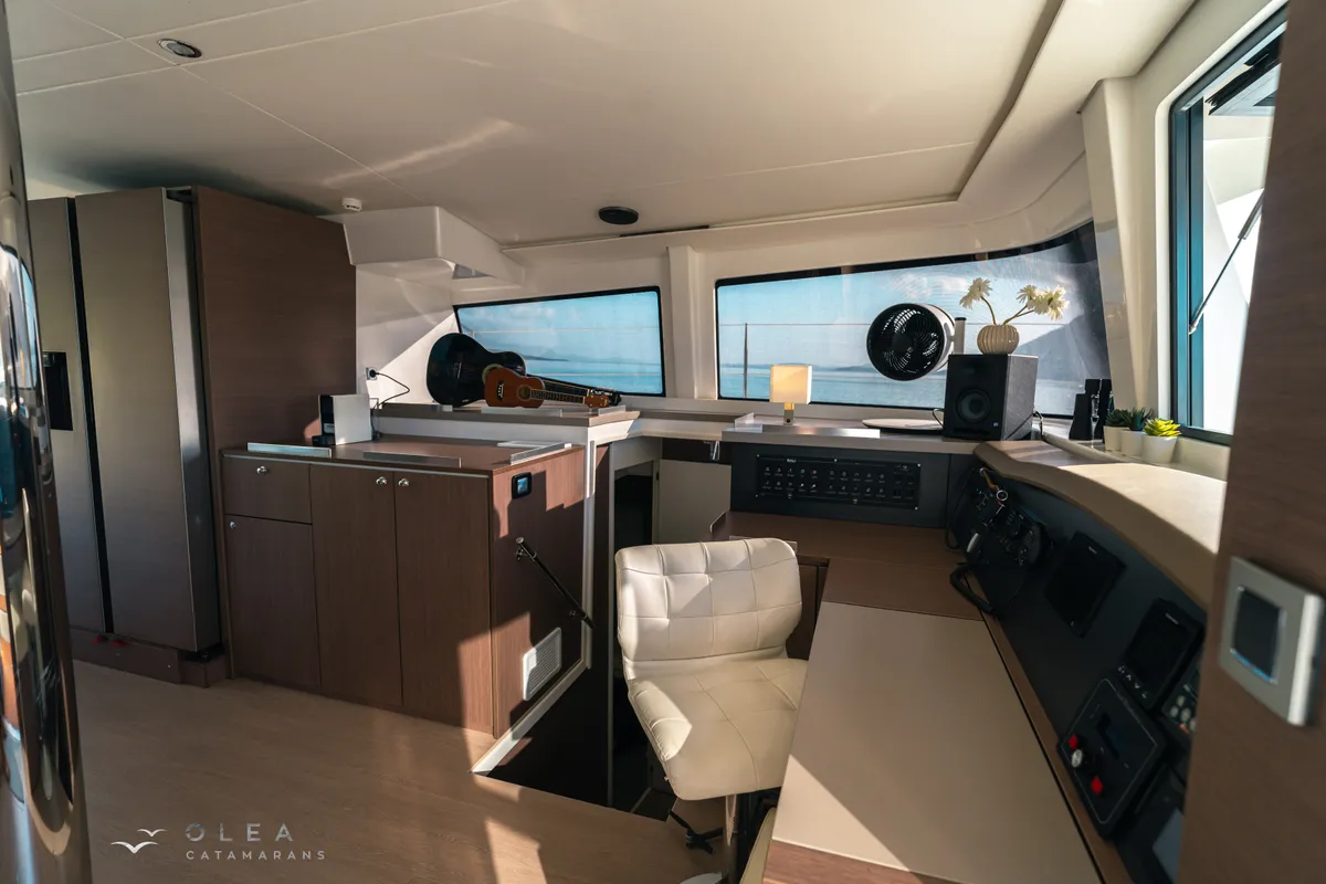Cockpit of Olea II, a Bali 4.8 catamaran at Lefkada, Greece