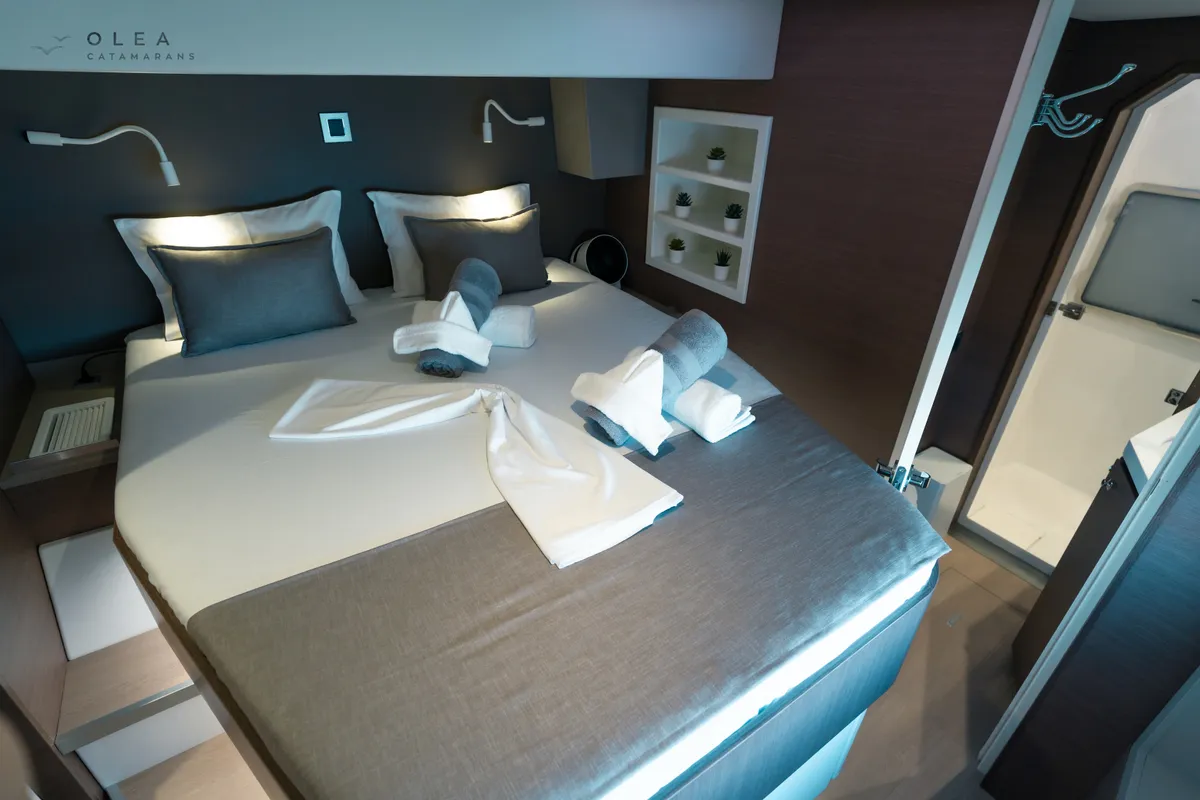 Cabin on Olea II, a Bali 4.8 catamaran at Lefkada, Greece