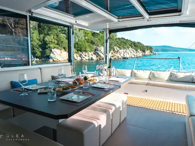 Salon of Olea II, a Bali 4.8 catamaran at Lefkada, Greece