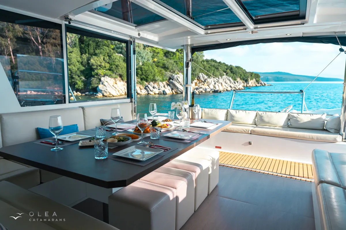 Salon of Olea II, a Bali 4.8 catamaran at Lefkada, Greece